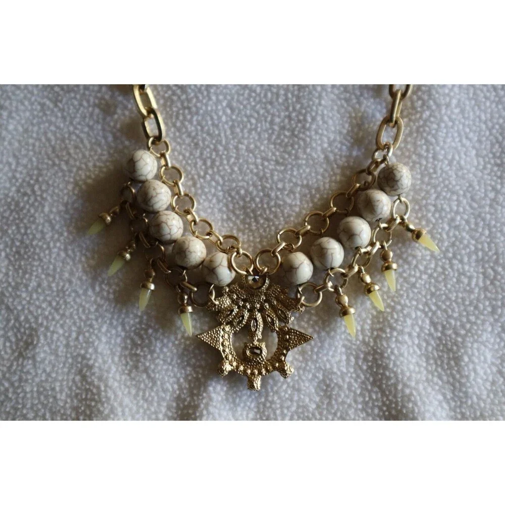 Gold Tone Chain Link Bead Necklace White Marbled Faux Howlite Rhinestone AB 17